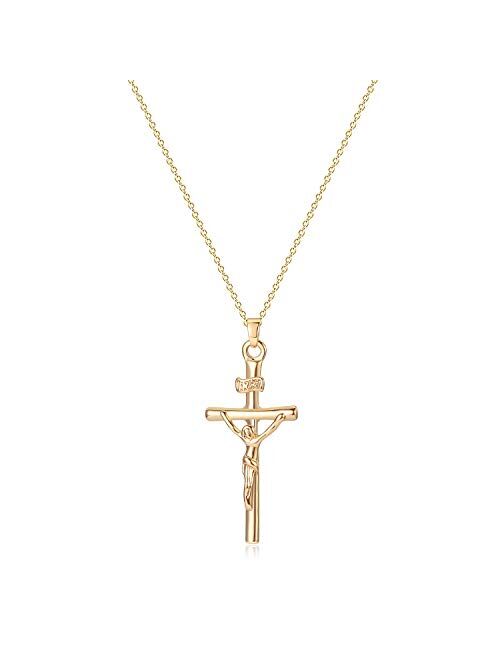 Fettero Cross Necklace Faith Pendant 14K Plated Dainty Chain Minimalist Simple Tiny God Lords Prayer Religious Jewelry Gift