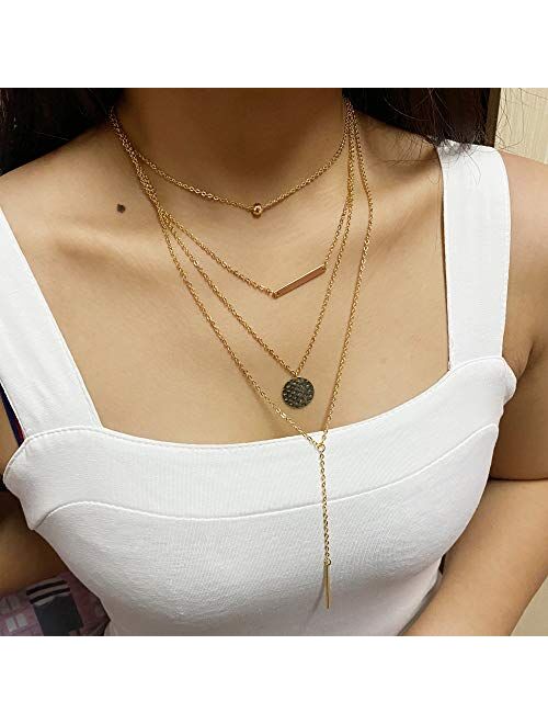 Lateefah 18k Gold Plated Layered Necklace Coin Gold Y Pendant Necklace Pearl Choker Necklaces Gold Chain Necklace for Women Lady Girls Gift Jewelry