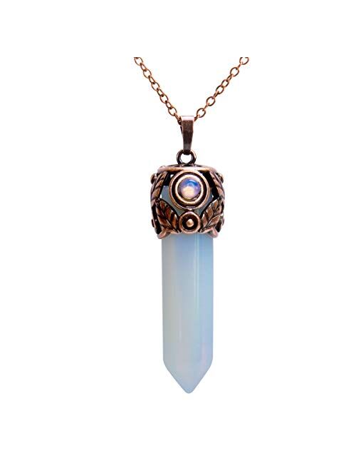 Bivei Retro Antique Brass Chakra Necklace Hexagonal Prism Gemstone Quartz Crystal Stone Healing Pendant