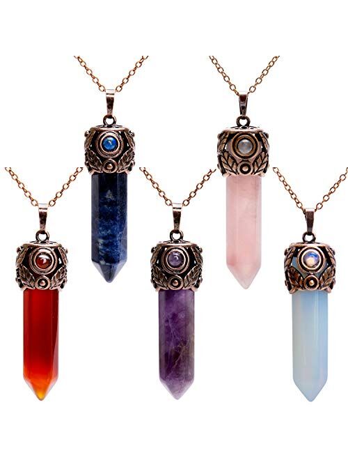 Bivei Retro Antique Brass Chakra Necklace Hexagonal Prism Gemstone Quartz Crystal Stone Healing Pendant