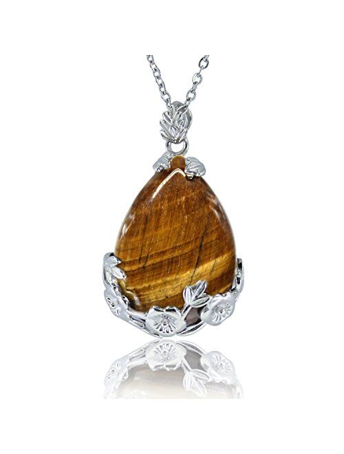 KISSPAT Teardrop Necklace Natural Crystal Stone Pendant on 20" Stainless Steel Chain