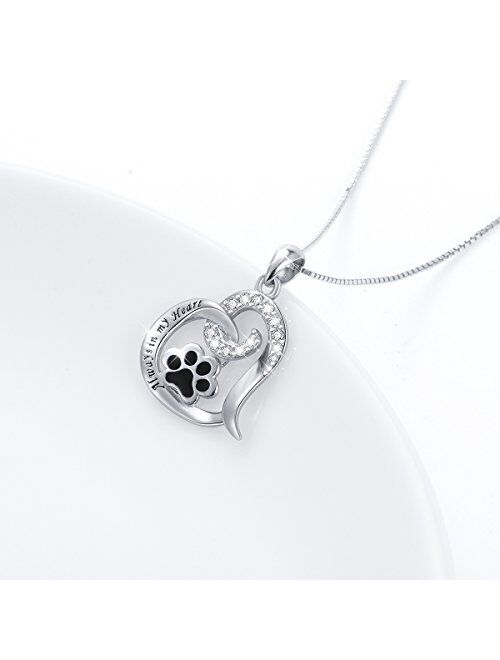 FLYOW 925 Sterling Silver Cute Paw Print Forever Love Heart Pendant Necklace/Bracelet/Stud Earrings Gift for Women Teen Girls, Box Chain 18"