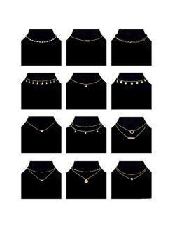 Ofeiyaa 12/16pcs Chain Gold Bead Necklace Coin Moon Star Pearl Pendant Chain Choker Multilayer Necklace Leather Cord Set for Women Men Adjustable Gold Tone