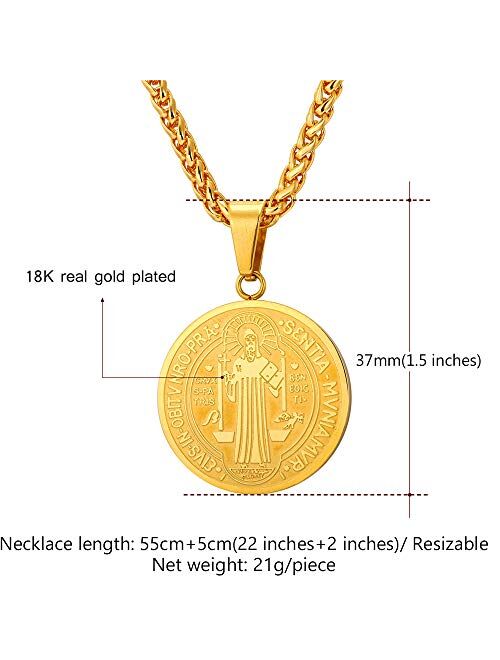 Saint Benedict Medal Necklace 18K Gold or 316L Stainless Steel Christian Sacramental Medal Ward off Evil Protection Jewelry Catholic Gift for Men Women, Customizable