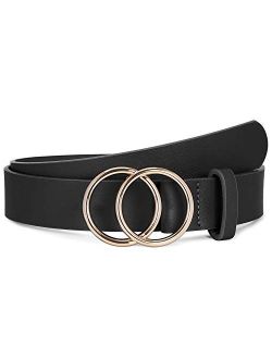 SUOSDEY Women Leather Belt Fashion Double O-Ring Soft Faux Leather Waist Belts For Jeans Dress