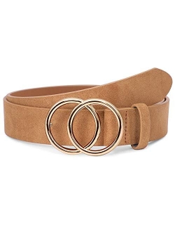 SUOSDEY Women Leather Belt Fashion Double O-Ring Soft Faux Leather Waist Belts For Jeans Dress