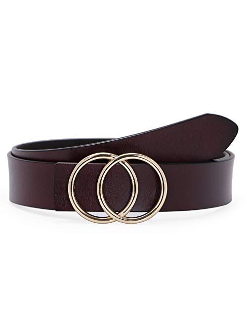 SUOSDEY Women Leather Belt Fashion Double O-Ring Soft Faux Leather Waist Belts For Jeans Dress