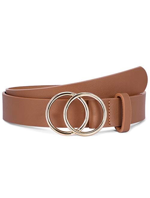 SUOSDEY Women Leather Belt Fashion Double O-Ring Soft Faux Leather Waist Belts For Jeans Dress