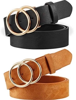 2 Pieces Women Leather Belt Faux Leather Waist Belts with Double O-Ring Buckle