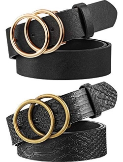 2 Pieces Women Leather Belt Faux Leather Waist Belts with Double O-Ring Buckle