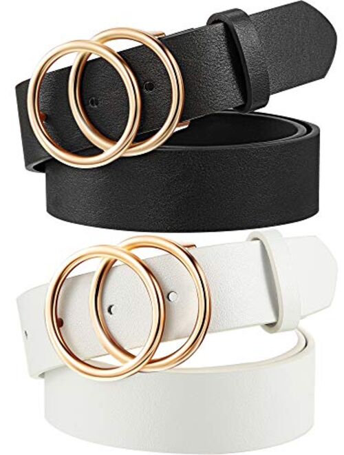 2 Pieces Women Leather Belt Faux Leather Waist Belts with Double O-Ring Buckle