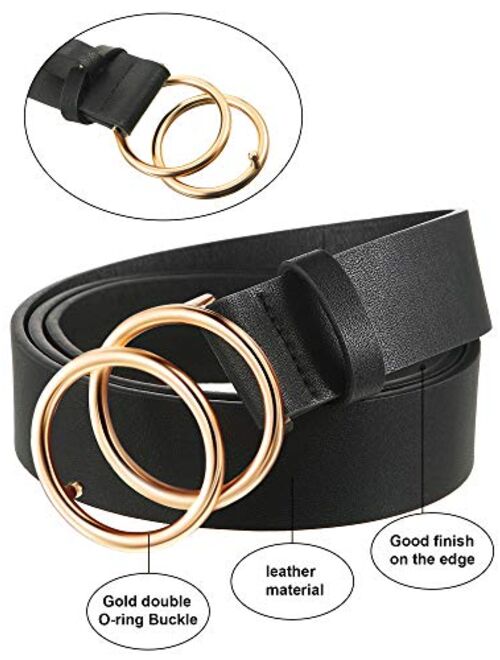 2 Pieces Women Leather Belt Faux Leather Waist Belts with Double O-Ring Buckle