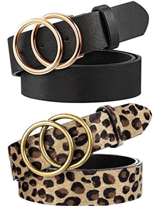 2 Pieces Women Leather Belt Faux Leather Waist Belts with Double O-Ring Buckle