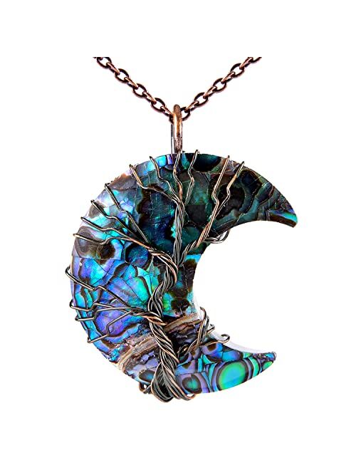 Tree of Life Crescent Moon Necklace Bronze Copper Wire Wrap Natural Gemstones Healing Crystal Pendant Necklace