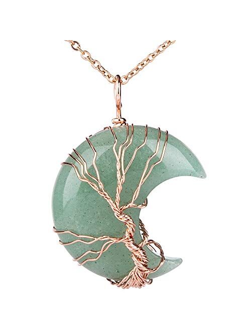 Tree of Life Crescent Moon Necklace Bronze Copper Wire Wrap Natural Gemstones Healing Crystal Pendant Necklace