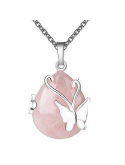 Bivei Vintage Wire Wrap Butterfly Gemstone Rose Quartz Amethyst Opalite Healing Crystal Pendant Necklace