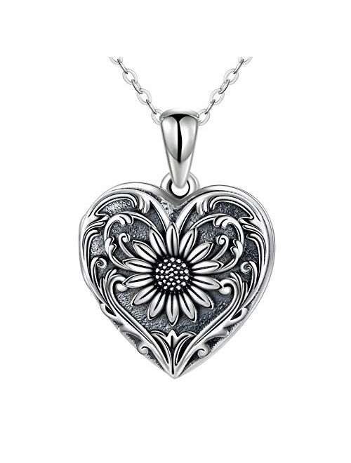 SOULMEET Sunflower Heart Shaped Locket Necklace That Holds Picture Photo Keep Someone Near to You Sterling Silver Custom Jewelry Personalized Locket Necklace