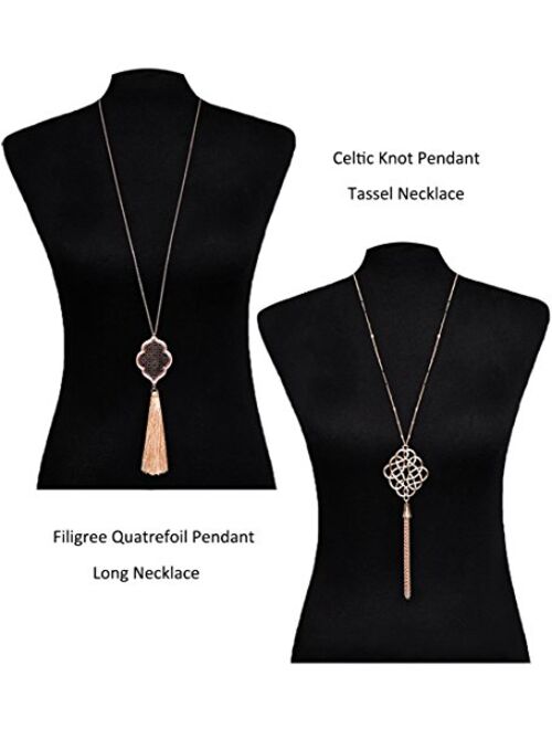 ALEXY 2Pcs Long Chain Pendant Necklace Set, Filigree Quatrefoil and Celtic Knot Pendant Tassel Y Necklaces for Women