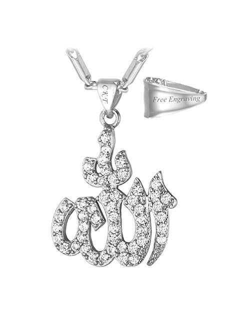 U7 CZ Allah Pendant Necklace with Chain Platinum / 18K Gold Plated Muslim Jewelry, with Text Engraving Service