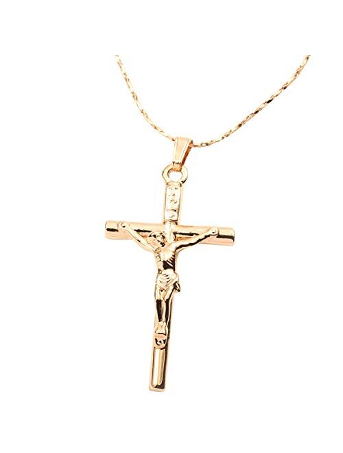 FC Jory White & Rose Yellow Gold Plated Cross Jesus Christ Crucifix Cross Pendant Chain Necklace