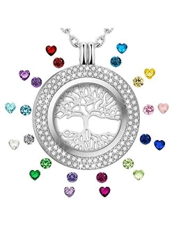 I Love You to The Moon and Back Family Tree of Life Floating Charms Memory Locket Necklace with Created Birthstone