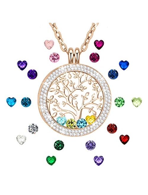 I Love You to The Moon and Back Family Tree of Life Floating Charms Memory Locket Necklace with Created Birthstone