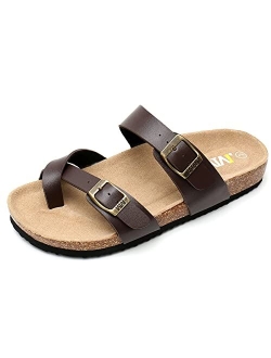 WTW Men's Arizona 2-Strap PU Leather Platform Sandals, Slid-on Cork Footbed Sandals with Double Metal Adjustable Buckles, Causal Style