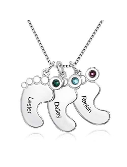 Personalized Necklace for Mother 1-4 Custom Baby Feet Pendant Necklace for Mom with Simulated Birthstone Free Engraving Baby Name or Date