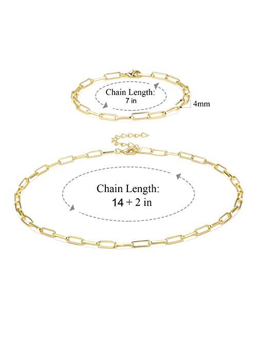 14K Gold Plated Paperclip Link Chain Necklace Bracelet Set for Women Girls