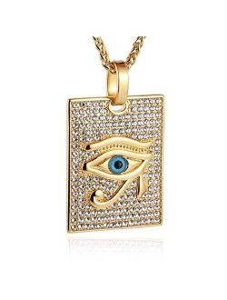 18k Gold Plated Iced Out Eye of Horus Egypt Protection Cross Dog Tag Pendant Stainless steel Necklace