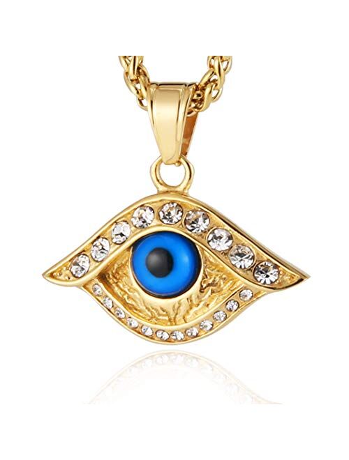 HZMAN 18k Gold Plated Iced Out Eye of Horus Egypt Protection Cross Dog Tag Pendant Stainless steel Necklace