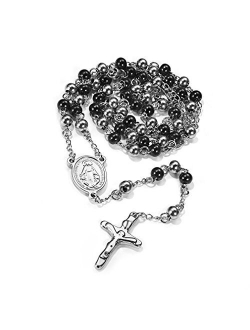 FaithHeart Catholic Rosary Beads Necklace, Holy Saint Michael/Christopher/Virgin Mary/Saint Benedict Medal with Cross Crucifix Pendant, 6MM Beads 26-28 Inches Chain (Send