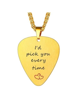 U7 Men Women Guitar Pick Necklace with Adjustable Chain Stainless Steel Music Note/Guitar/Headphone Jewelry Personalized Pendant Gift, with Custom Engrave Service