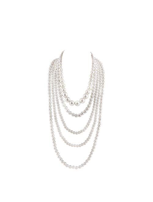 GRACE JUN Multilayer Strand Chain Faux Pearls Flapper Beads Cluster Long Choker Necklace