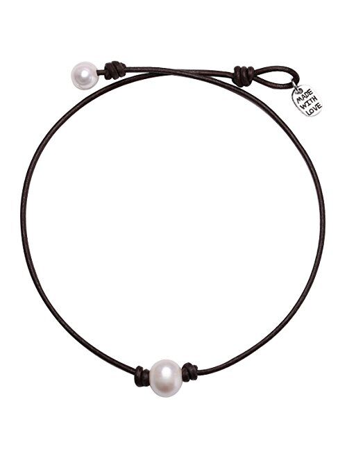 Single Cultured Freshwater Pearl Chokers for Girls Handmade Black Leather One Bead Pendant Jewelry for Women Fashion Boho Necklace Choker with Pearl for Valentine's Day G