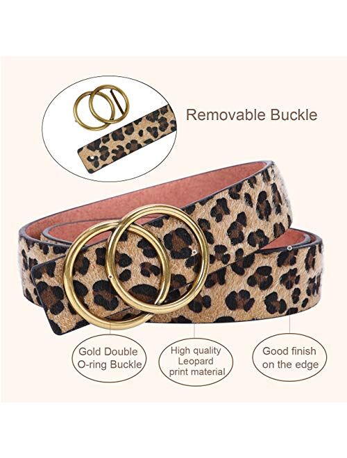 Women's Leopard Print Leather Belt for Jeans Dresses Fashion Waist Belt with Gold Double Ring Buckle