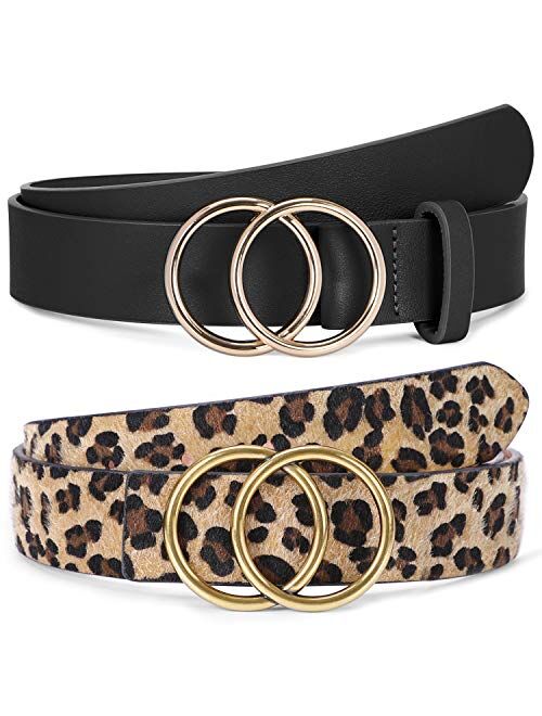 Women's Leopard Print Leather Belt for Jeans Dresses Fashion Waist Belt with Gold Double Ring Buckle