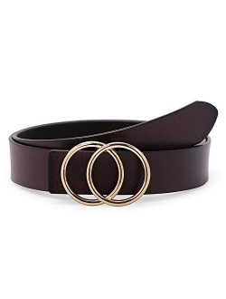 Womens Leather Ring Belt for Jean, Mothers Day Gifts Double Circle Buckle Belts Fit Waist 26-42 Inch