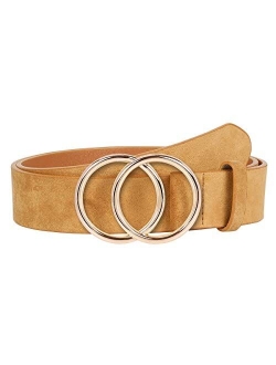 Womens Leather Ring Belt for Jean, Mothers Day Gifts Double Circle Buckle Belts Fit Waist 26-42 Inch