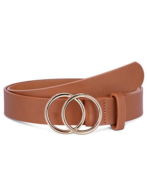 Womens Leather Ring Belt for Jean, Mothers Day Gifts Double Circle Buckle Belts Fit Waist 26-42 Inch