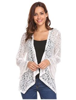 Concep Women's Bell Sleeve Cardigan Lace Crochet Casual Tops Sheer Cover Up Plus Size