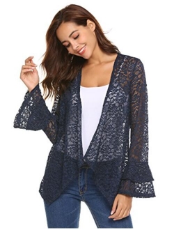 Concep Women's Bell Sleeve Cardigan Lace Crochet Casual Tops Sheer Cover Up Plus Size