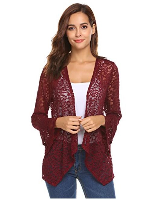 Concep Women's Bell Sleeve Cardigan Lace Crochet Casual Tops Sheer Cover Up Plus Size