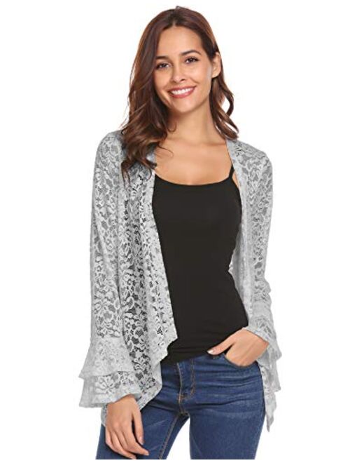 Concep Women's Bell Sleeve Cardigan Lace Crochet Casual Tops Sheer Cover Up Plus Size