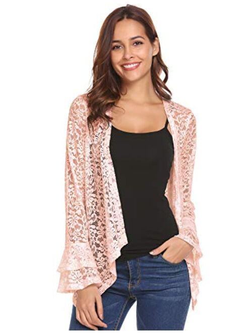 Concep Women's Bell Sleeve Cardigan Lace Crochet Casual Tops Sheer Cover Up Plus Size