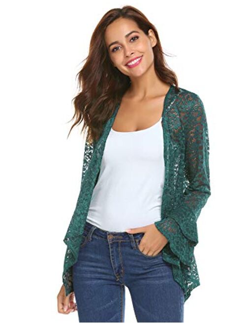 Concep Women's Bell Sleeve Cardigan Lace Crochet Casual Tops Sheer Cover Up Plus Size