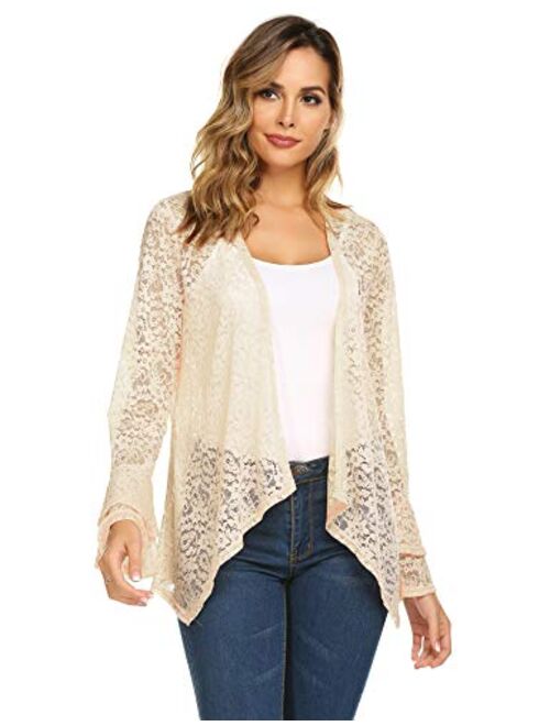 Concep Women's Bell Sleeve Cardigan Lace Crochet Casual Tops Sheer Cover Up Plus Size