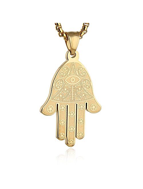 HZMAN Stainless Steel Egyptian Eye Fatima Hamsa Hand Pendant Necklace Success and Protection Lucky