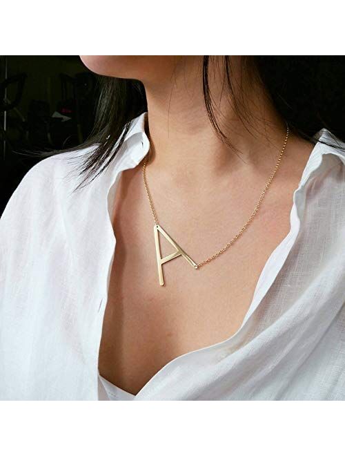 Sideways Large Initial Necklace for Women - 18K Gold Plated Letter Necklace for Women Girls, Stainless Steel Big Alphabet Monogram Necklace A-Z Name Slanted Initial Neckl