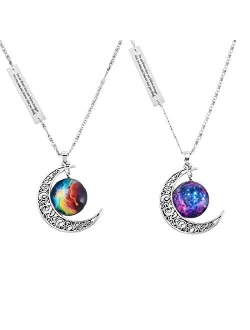 MJartoria Best Friends Necklaces Moon Pendant, Engraved Friendship BFF Necklace for 2"Love Across Light Years"